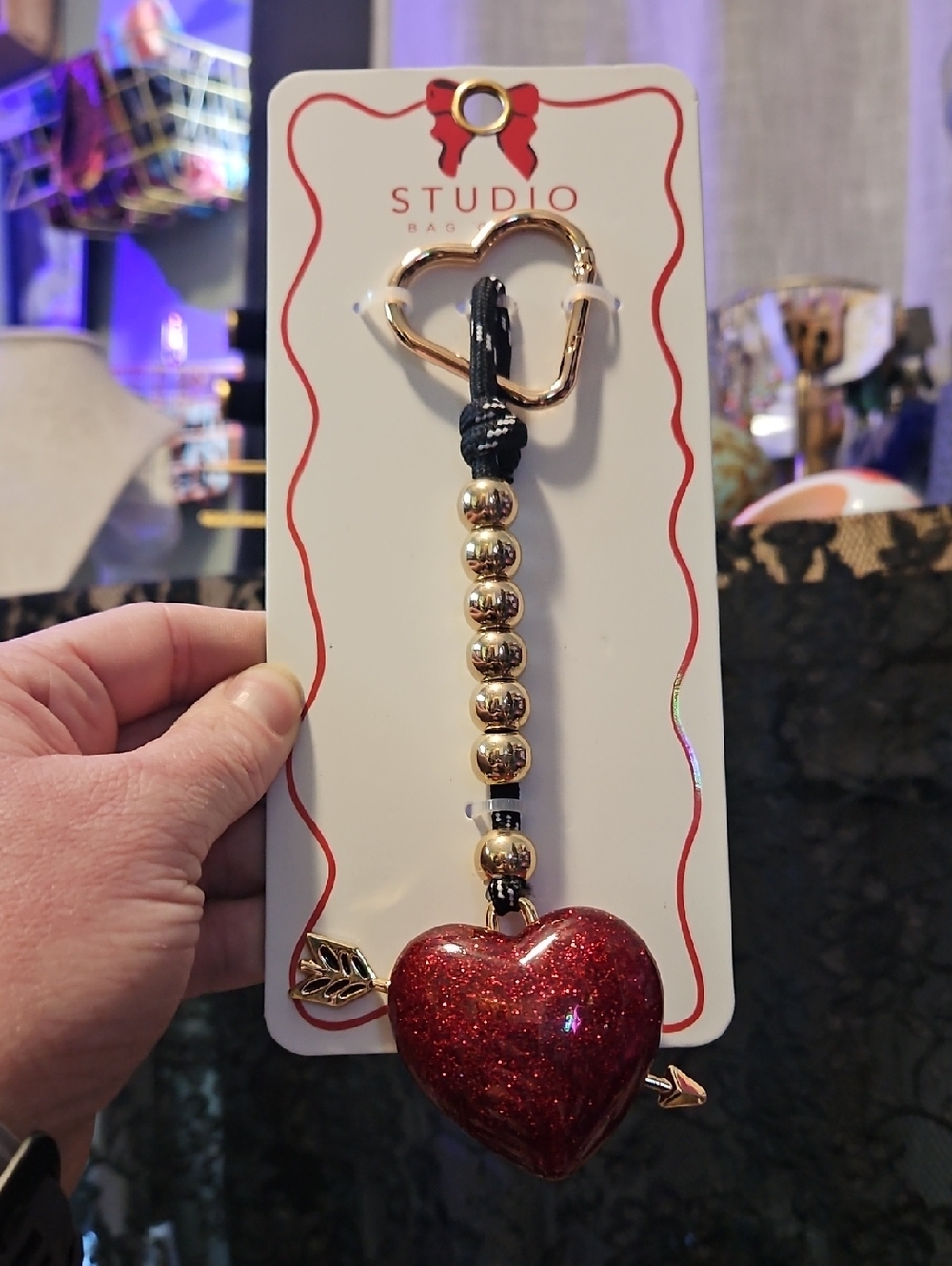 Studio Bag Co. Heart Keychain - Red Glitter Heart With Gold Beads